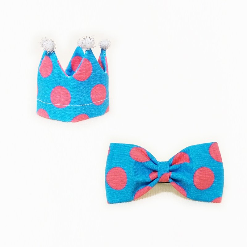 Ella Wang Design Crown皇冠帽+Bowtie领结 猫 狗 蓝色 庆生 套组 - 项圈/牵绳 - 棉．麻 蓝色