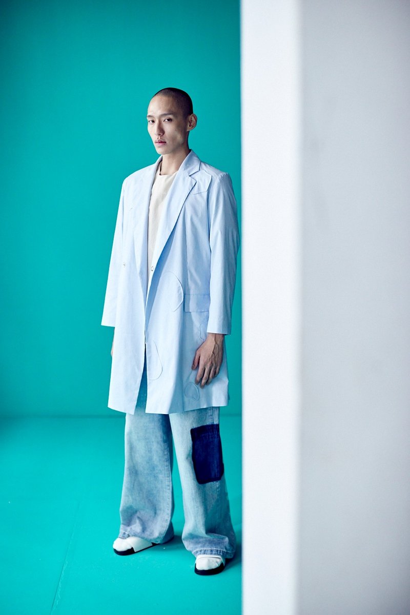 条纹暗扣长西装 - 男装西装外套 - 棉．麻 蓝色