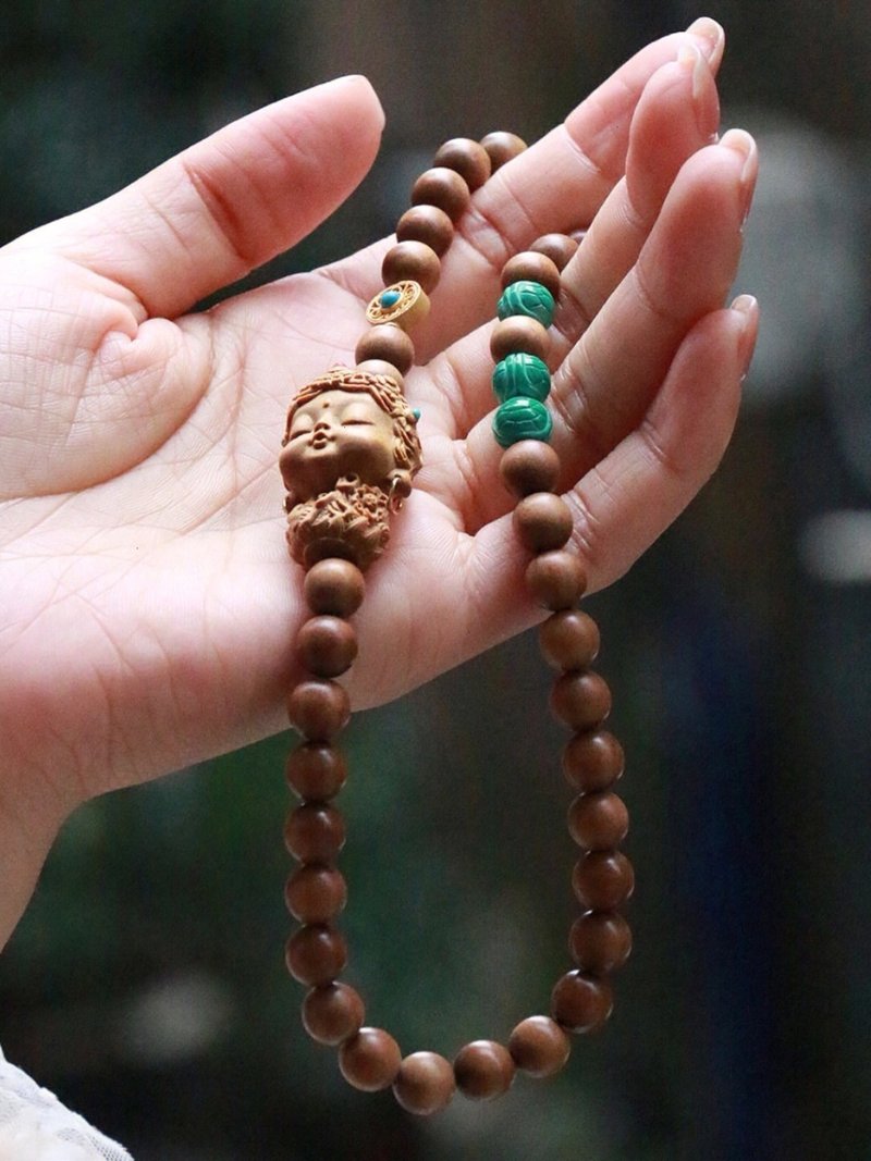 8mm原生老山檀 檀木度母美菱矿富甲设计双圈手串手持s - 手链/手环 - 木头 咖啡色