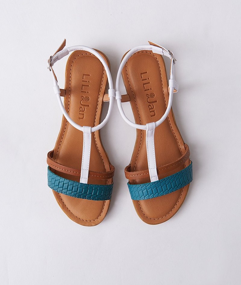 【邂逅普罗旺斯】双带T字真皮平底凉鞋_孔雀蓝绿/棕/白 - 女款牛津鞋/乐福鞋 - 真皮 多色