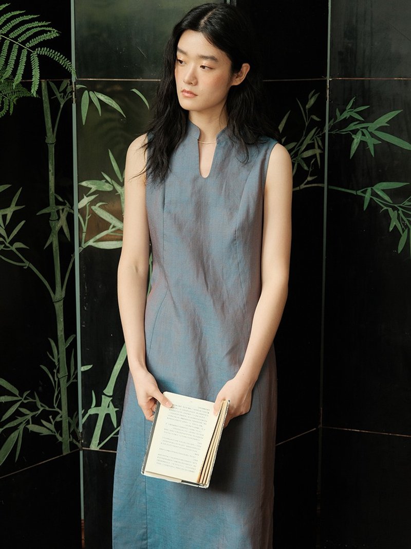 MintCheese 轻国风 新中式 幻彩亚麻 自然感立领开衩无袖长连衣裙 - 洋装/连衣裙 - 棉．麻 蓝色