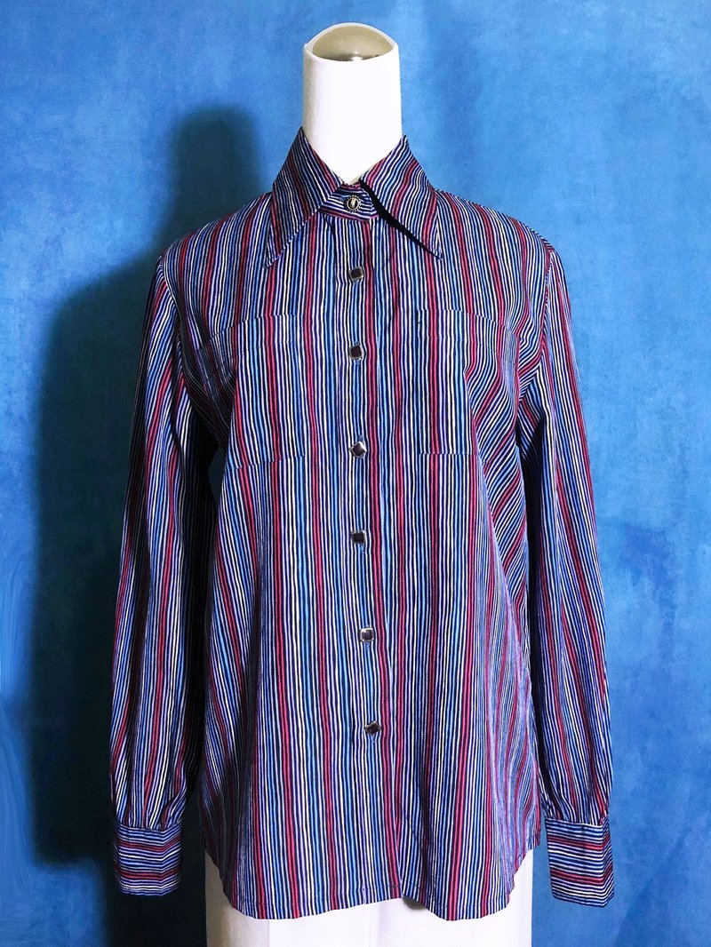 条纹双口袋长袖古着衬衫/ 国外带回 VINTAGE - 女装衬衫 - 聚酯纤维 蓝色