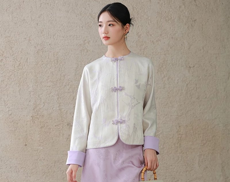 新中式中国风 精致浮雕提花对襟圆领盘扣外套 - 女装上衣 - 其他材质 紫色