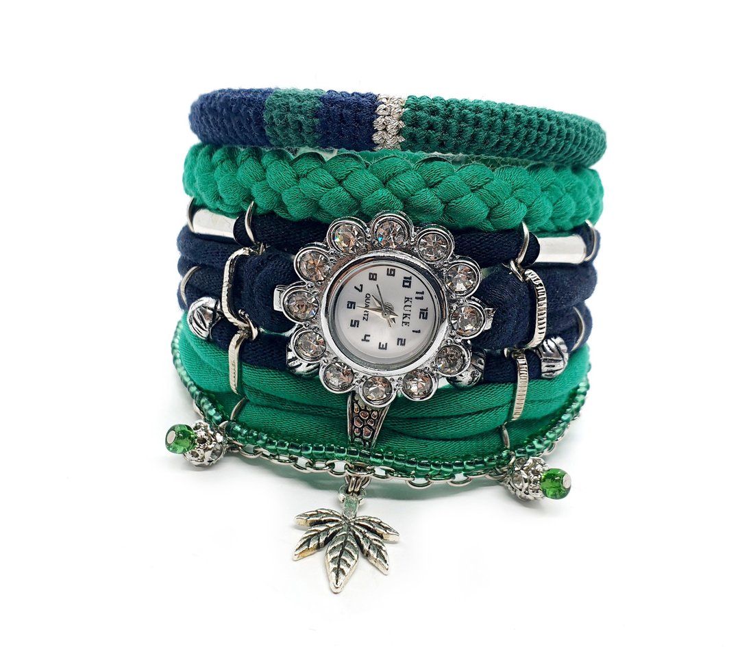 Unique Womens Rhinestone Watch Bracelet Set Green Blue Wristwatch Leaf Charm - 女表 - 棉 绿色