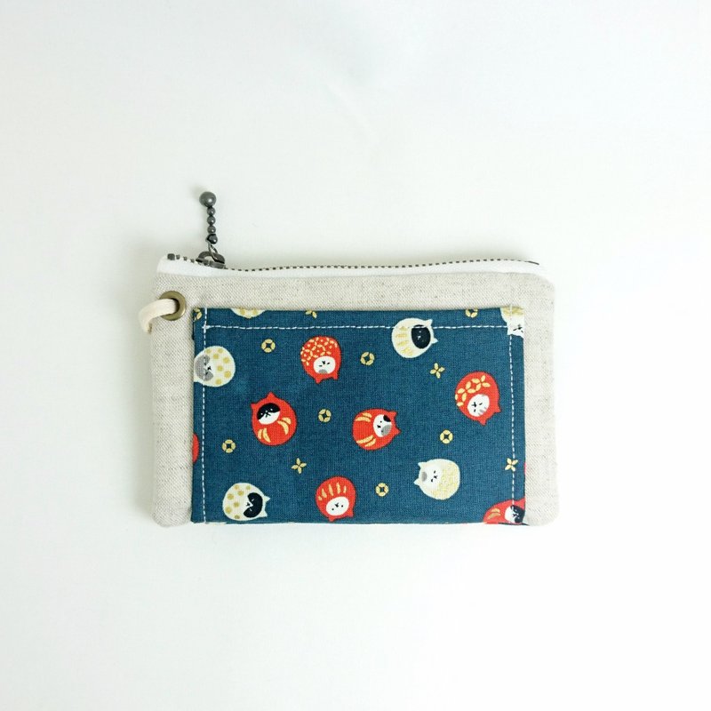 【多用途拉链包 XS】猫咪不倒翁.深绿 - 零钱包 - 棉．麻 绿色