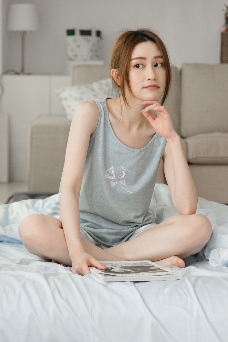 【已售完】有机棉拼接条纹背心家居服(麻花蓝)防疫/居家服/睡衣 - 居家服/睡衣 - 棉．麻 蓝色