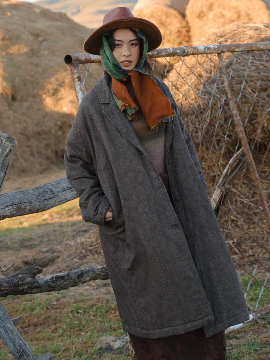 繁花 亞麻棉印花長款棉服 秋冬保暖棉襖棉外套 - 女装休闲/机能外套 - 棉 灰色