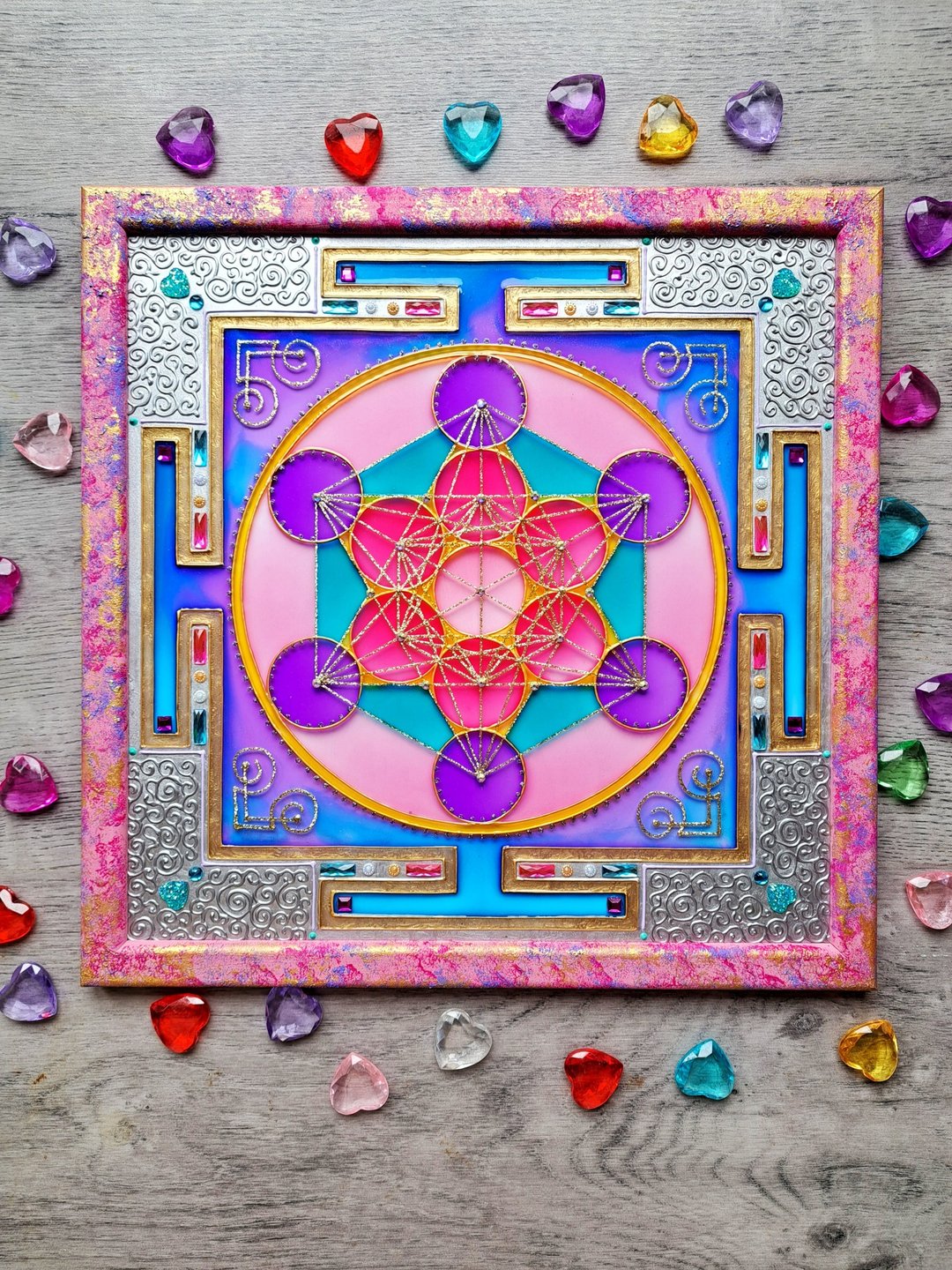 Metatron立方体yantra手绘神圣几何几何几何原画 - 墙贴/壁贴 - 玻璃 粉红色