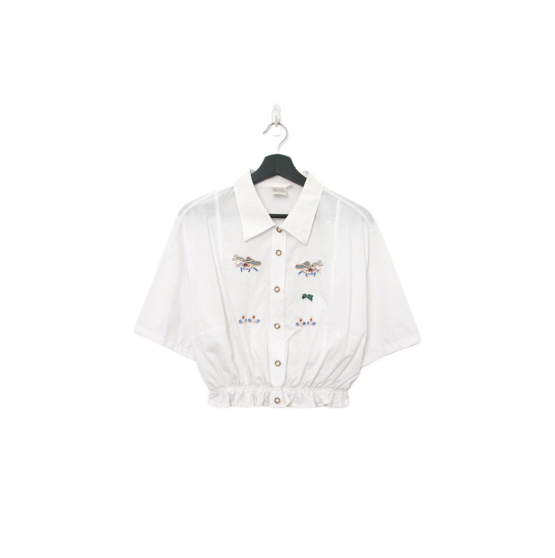 Back to Green-再制刺绣白衬衫 格纹雪橇 ws-05//vintage shirt - 女装衬衫 - 棉．麻 