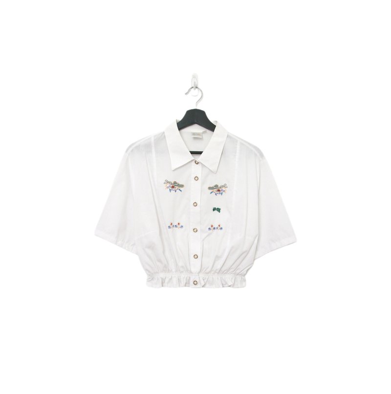 Back to Green-再制刺绣白衬衫 格纹雪橇 ws-05//vintage shirt - 女装衬衫 - 棉．麻 
