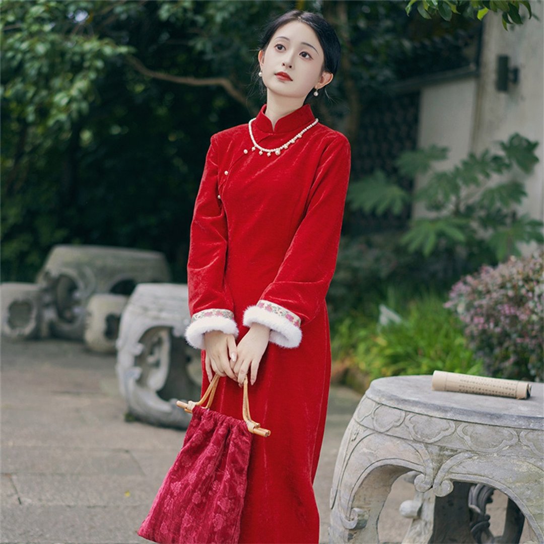 長安寧 紅色改良旗袍敬酒服 秋冬加厚新中式洋裝 復古婚禮連衣裙 - 旗袍 - 聚酯纤维 红色
