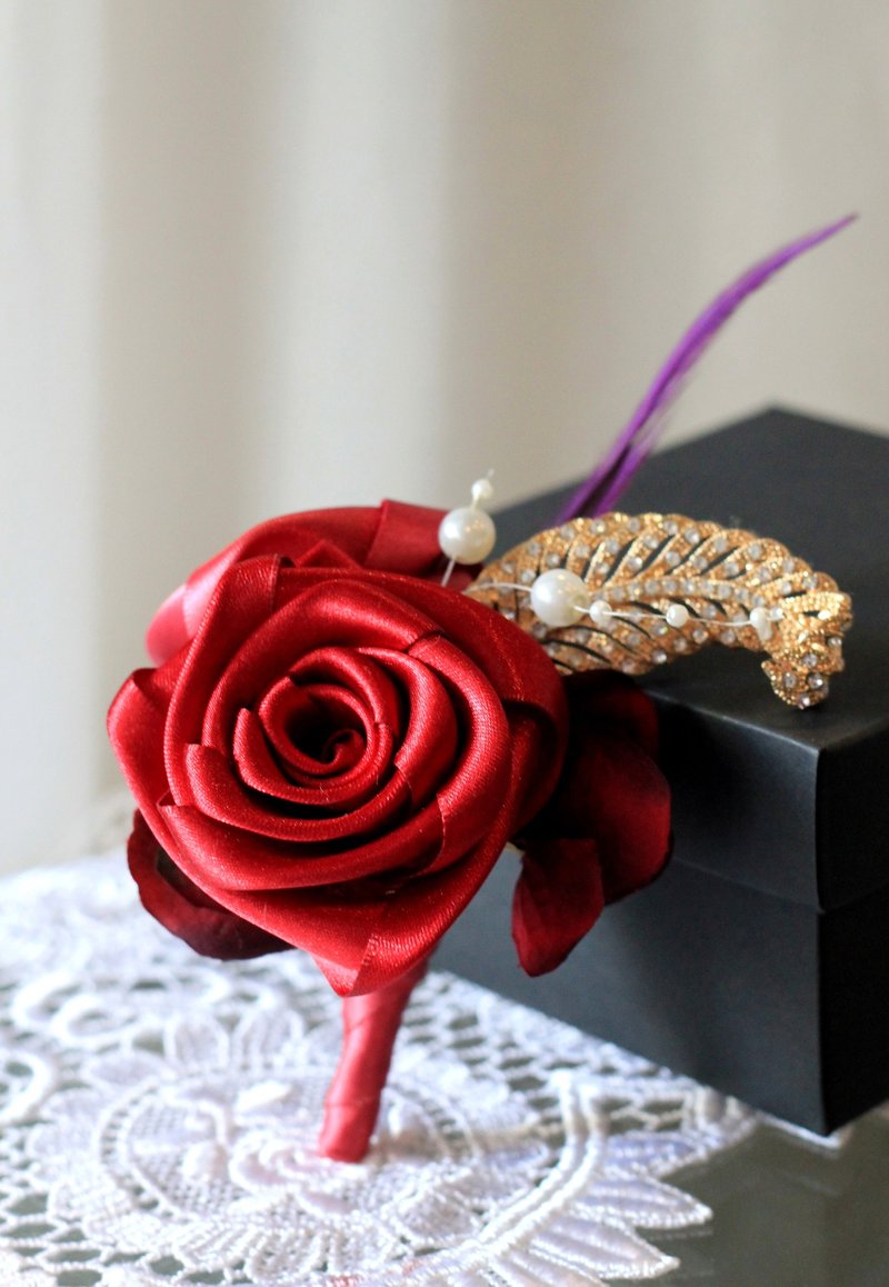 手工胸花【缎带玫瑰系列】经典红 - 胸针 - 纸 红色