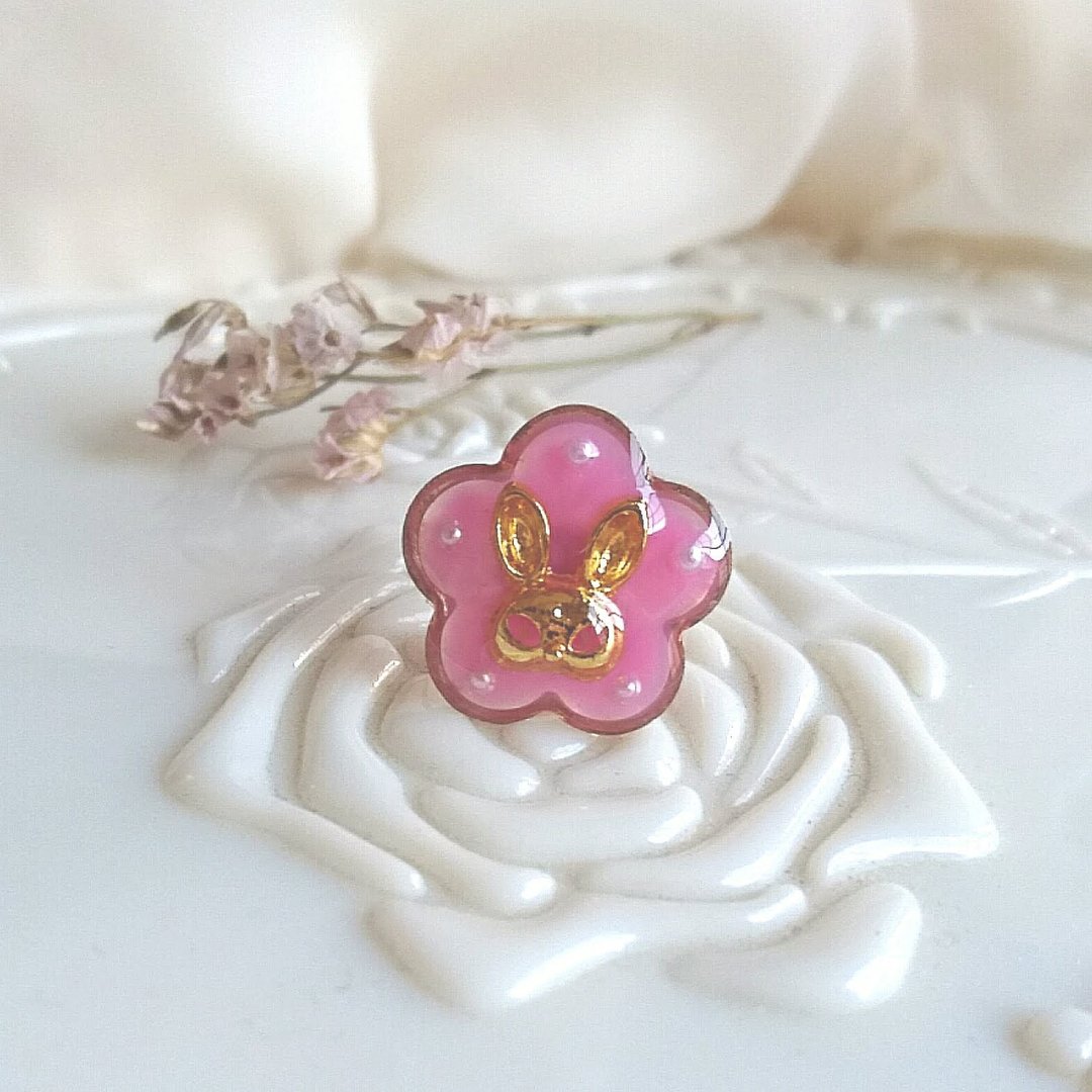 Rabbit Flower Ring B (Peach Pink Free Size) - 戒指 - 树脂 粉红色