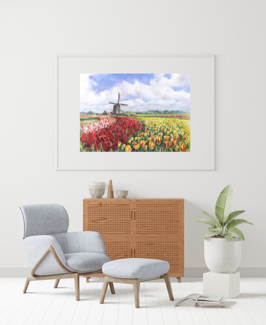 Tulip field watercolor poster by artist Irina Zhunaeva - 海报/装饰画/版画 - 纸 多色