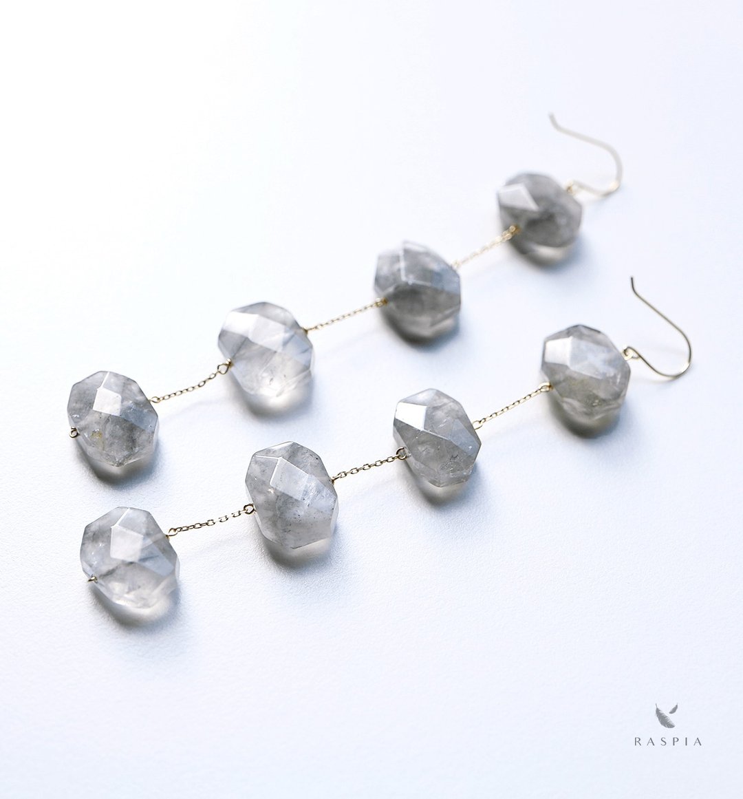 K10 Large Gray Quartz (Flat Tumble) Long Hook Earrings ~ ESPOIR ~ - 耳环/耳夹 - 宝石 灰色