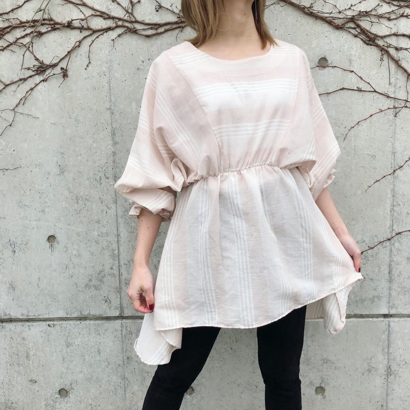 White x pink striped tunic blouse - 女装上衣 - 棉．麻 粉红色