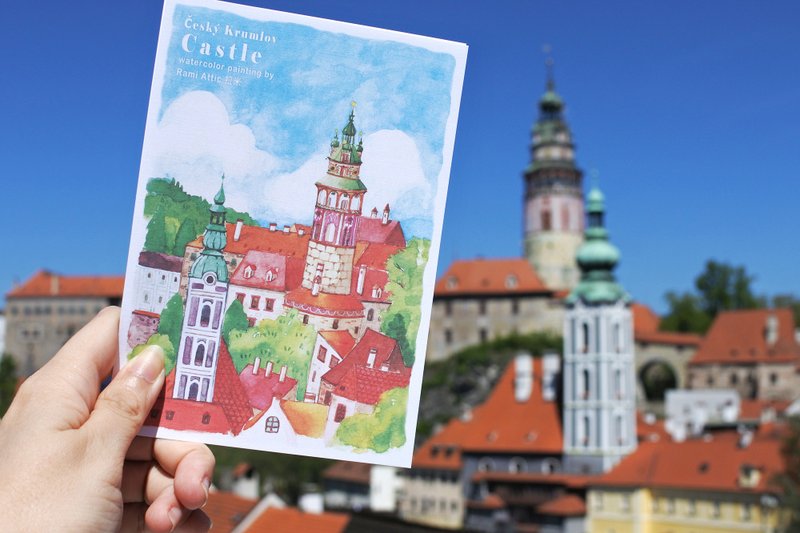 Rami欧洲旅行水彩手绘风明信片-捷克库伦洛夫彩绘塔 - 卡片/明信片 - 纸 橘色