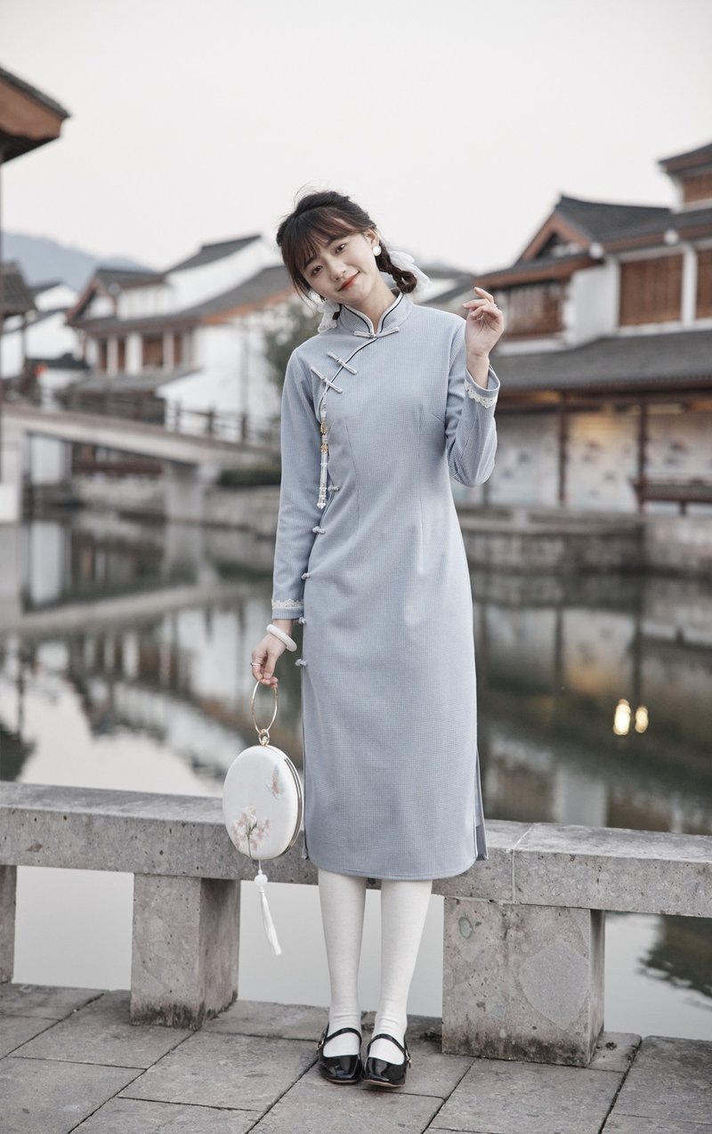 淺藍色 2色 毛呢千鳥格秋冬中長修身洋裝 新中式中秋春節改良旗袍 - 旗袍 - 聚酯纤维 蓝色