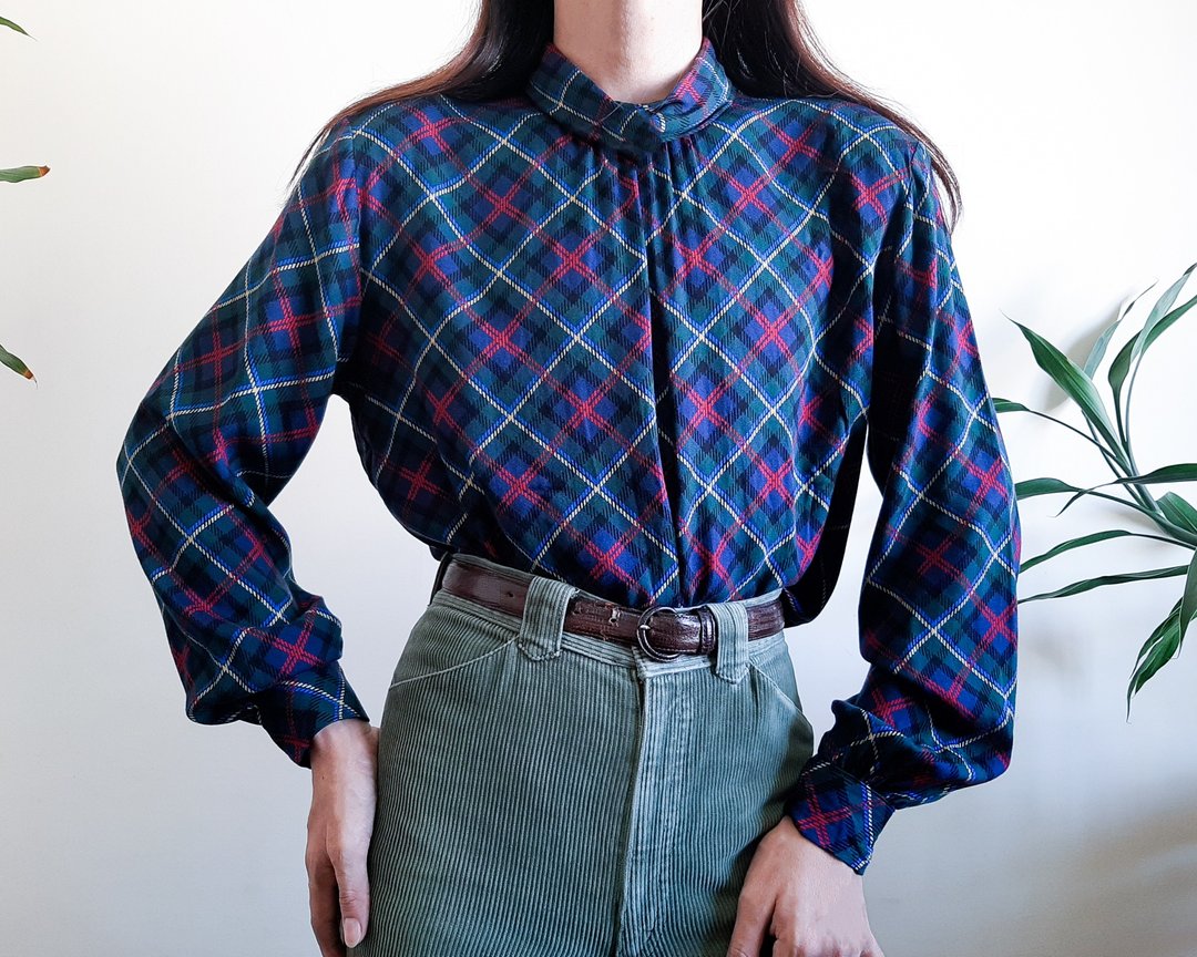 PENDLETON 复古格子小高领衬衫长袖衬衫尺码 12 L 码 - 女装上衣 - 聚酯纤维 蓝色
