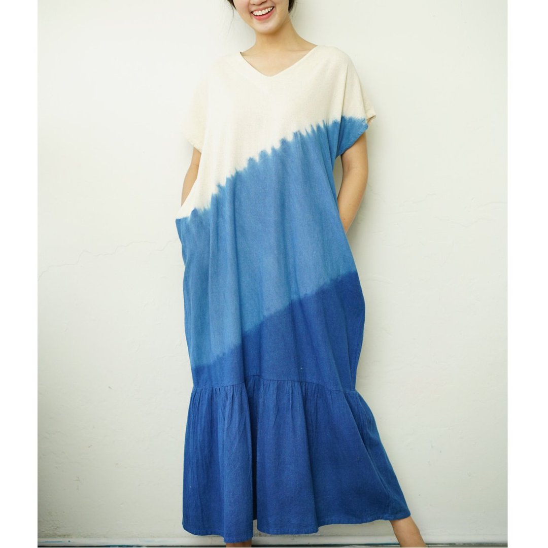 V-Neck 3 Tone Dress - 短袖扎染连身裙 - 洋装/连衣裙 - 棉 蓝色