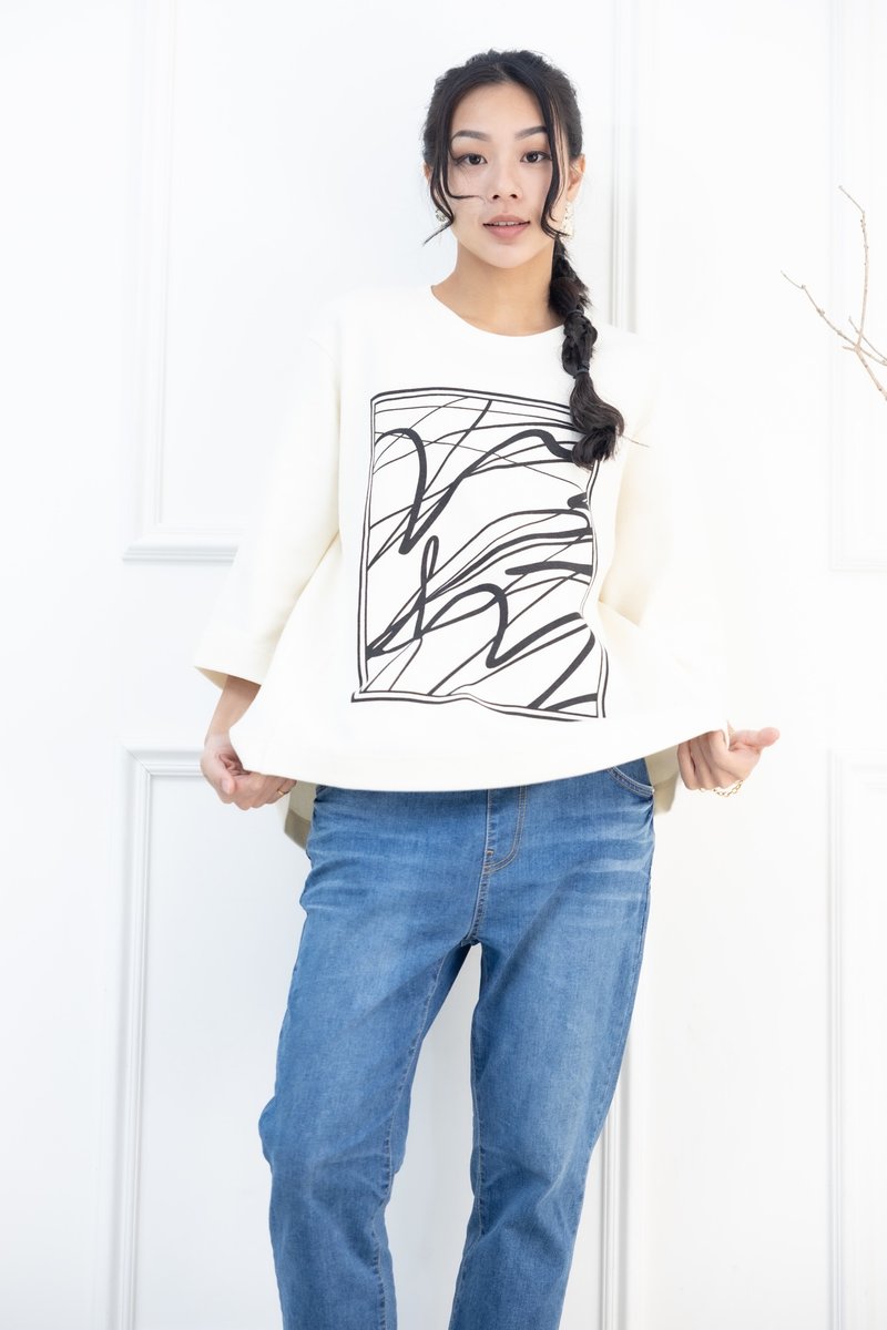 方框艺术线条厚磅上衣 米色 - 女装上衣 - 其他材质 白色