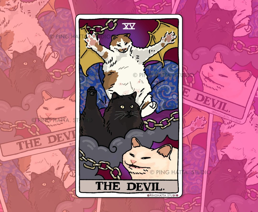 The Devil Tarot Cursed Cat Meme Die Cut Sticker - 贴纸 - 塑料 