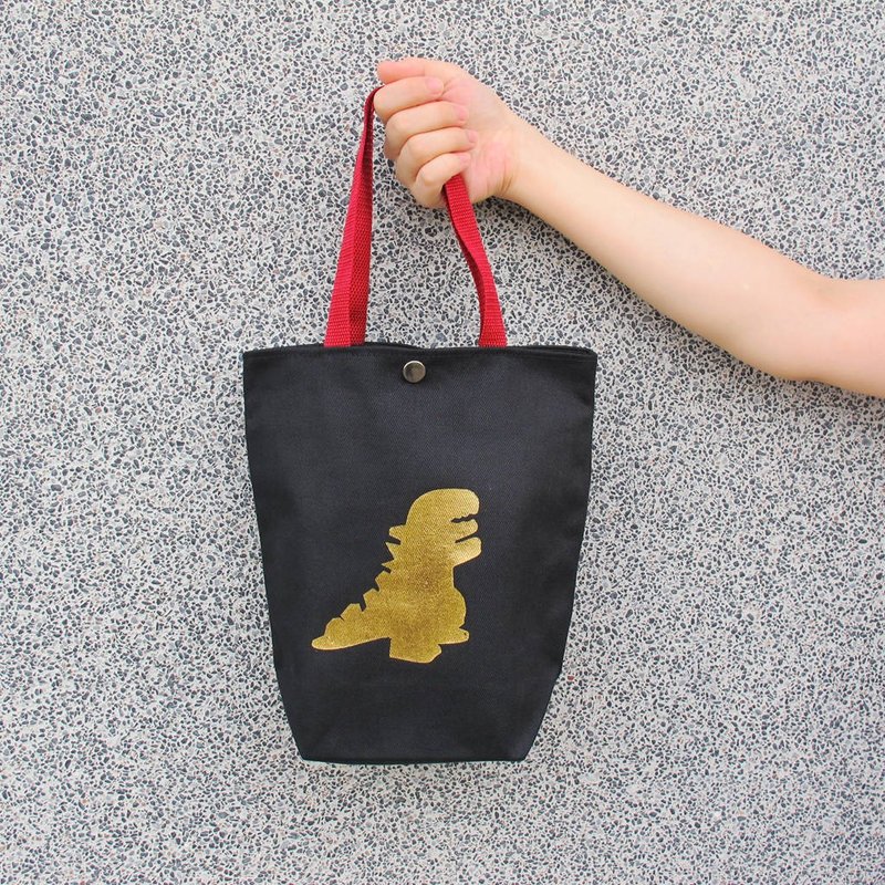 手摇杯必备 烫金恐龙 环保饮料提袋 帆布袋 双杯款 - 随行杯提袋/水壶袋 - 棉．麻 黑色