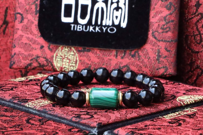 天然黑曜石手珠 8mm 孔雀石隔珠 定制化串珠设计 手链 佛珠 矿石 - 手链/手环 - 玉石 