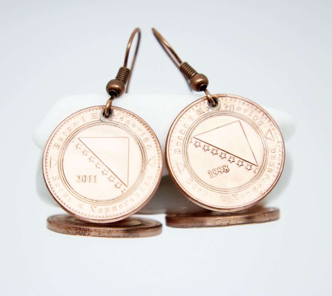 Coin Drop Earrings Coin Hoop Earrings Ancient Coin Jewelry Mini Coin Earrings - 耳环/耳夹 - 其他金属 