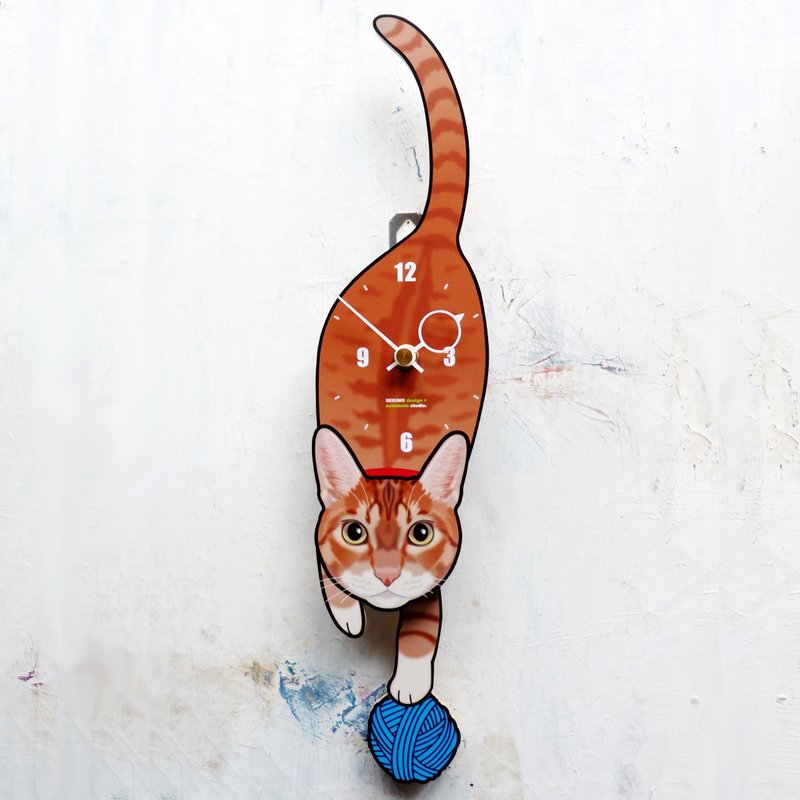 C-95 棕色虎斑猫- 动物造型钟摆钟 - 时钟/闹钟 - 木头 白色