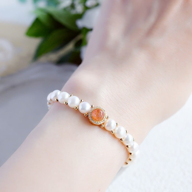 引领成功的“亲吻我”日长石与巴洛克珍珠手编手链 5月/6月诞生石 - 手链/手环 - 其他金属 白色