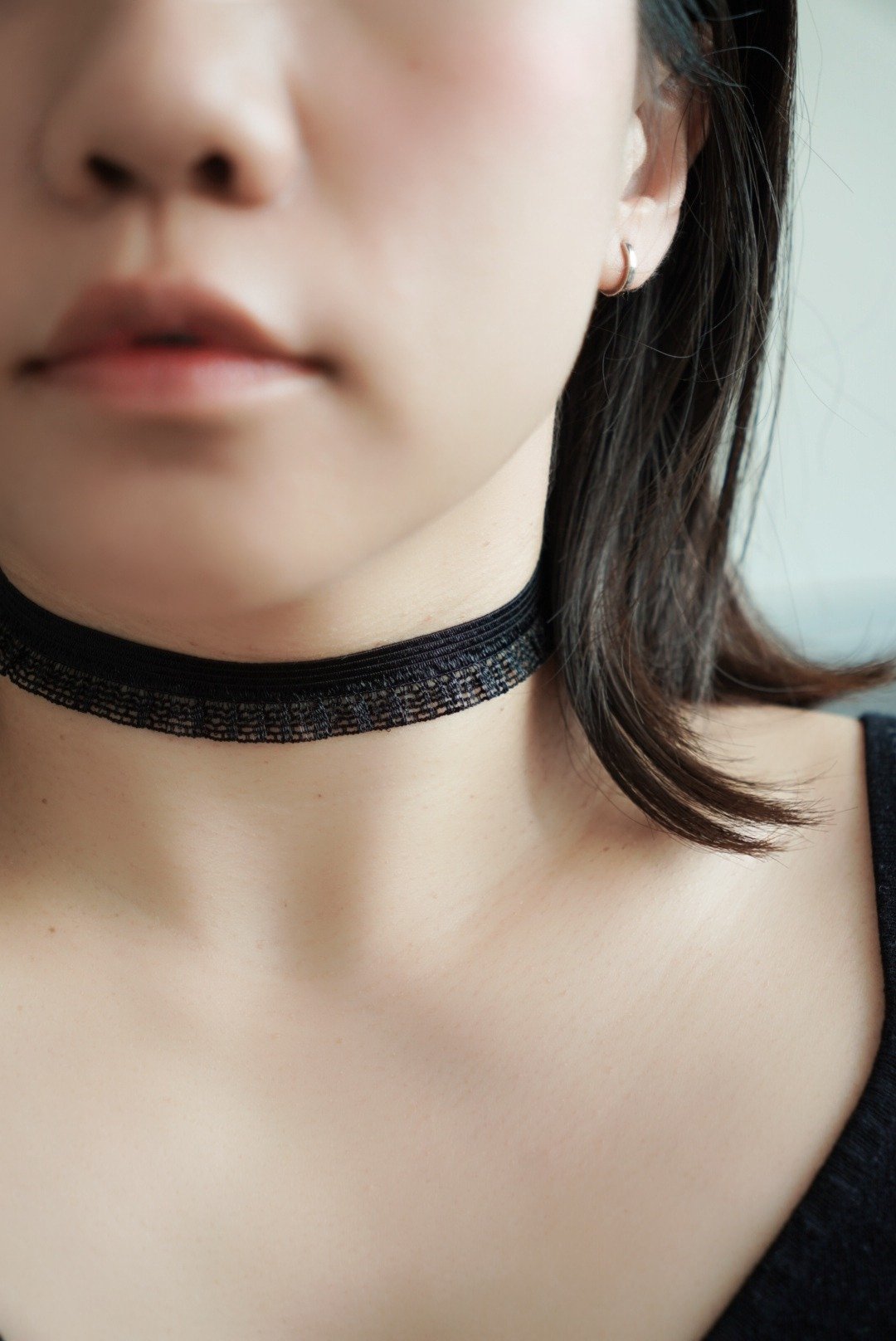 弹力半波浪黑色蕾丝 CHOKER 纯银/合金 - 颈链 - 棉 黑色