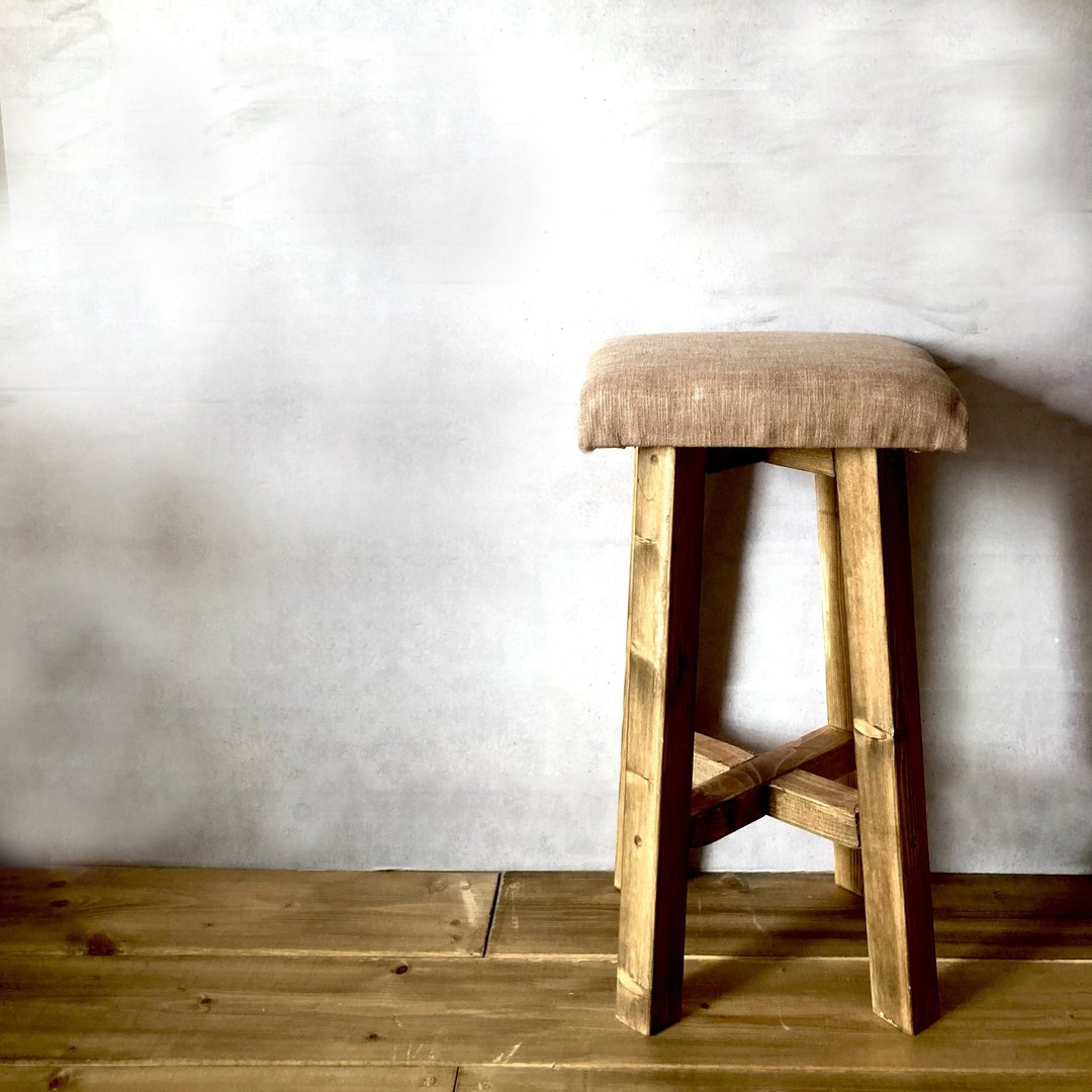 Cushion stool chair antique style chair 50cm dark Brown fabric beige - 椅子/沙发 - 木头 卡其色