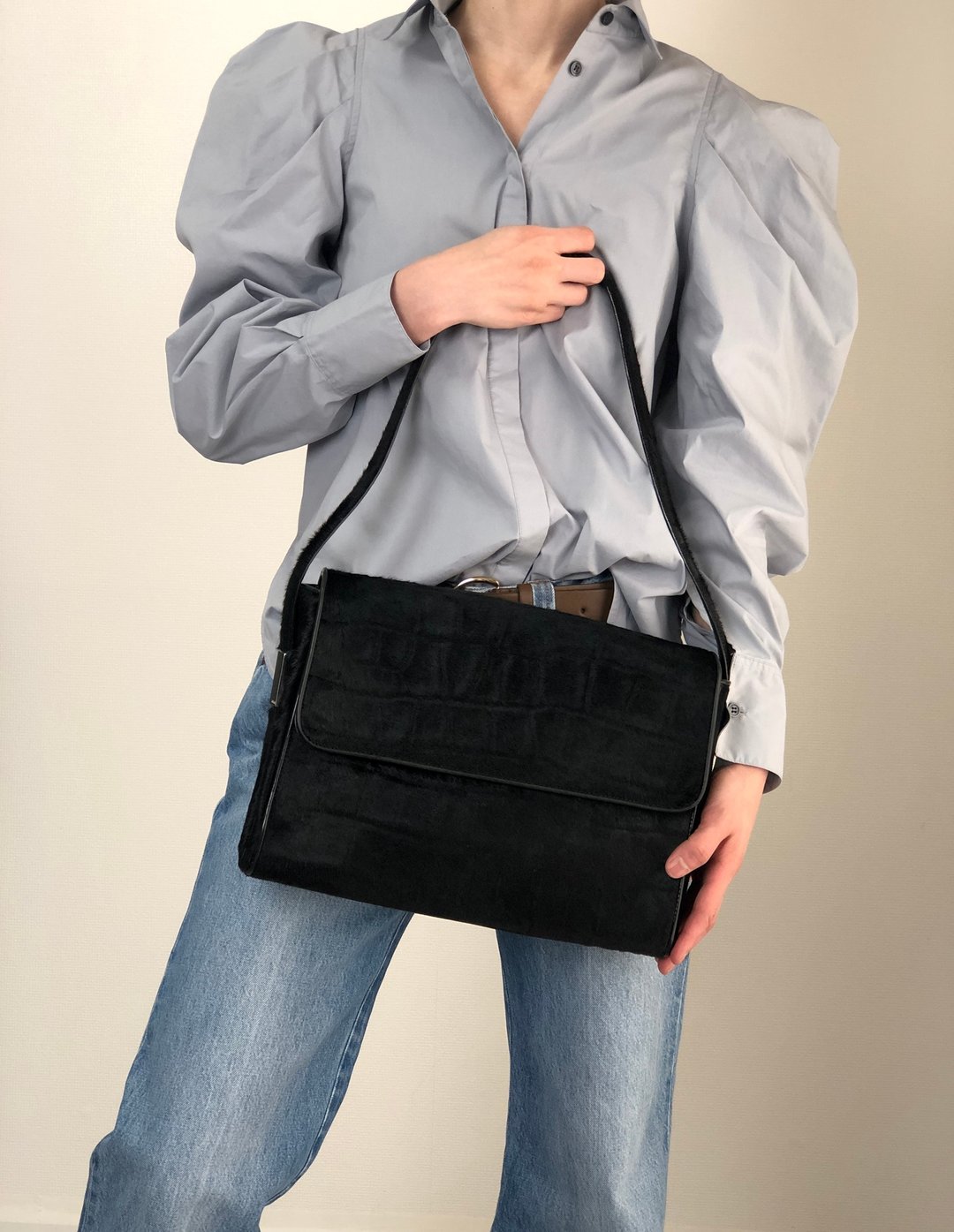 【VintageShop solo 日本直送中古包专卖店】GUCCI 古驰 经典侧边 Logo 马毛 腋下包 黑色 意大利制 复古包 - 侧背包/斜挎包 - 真皮 黑色