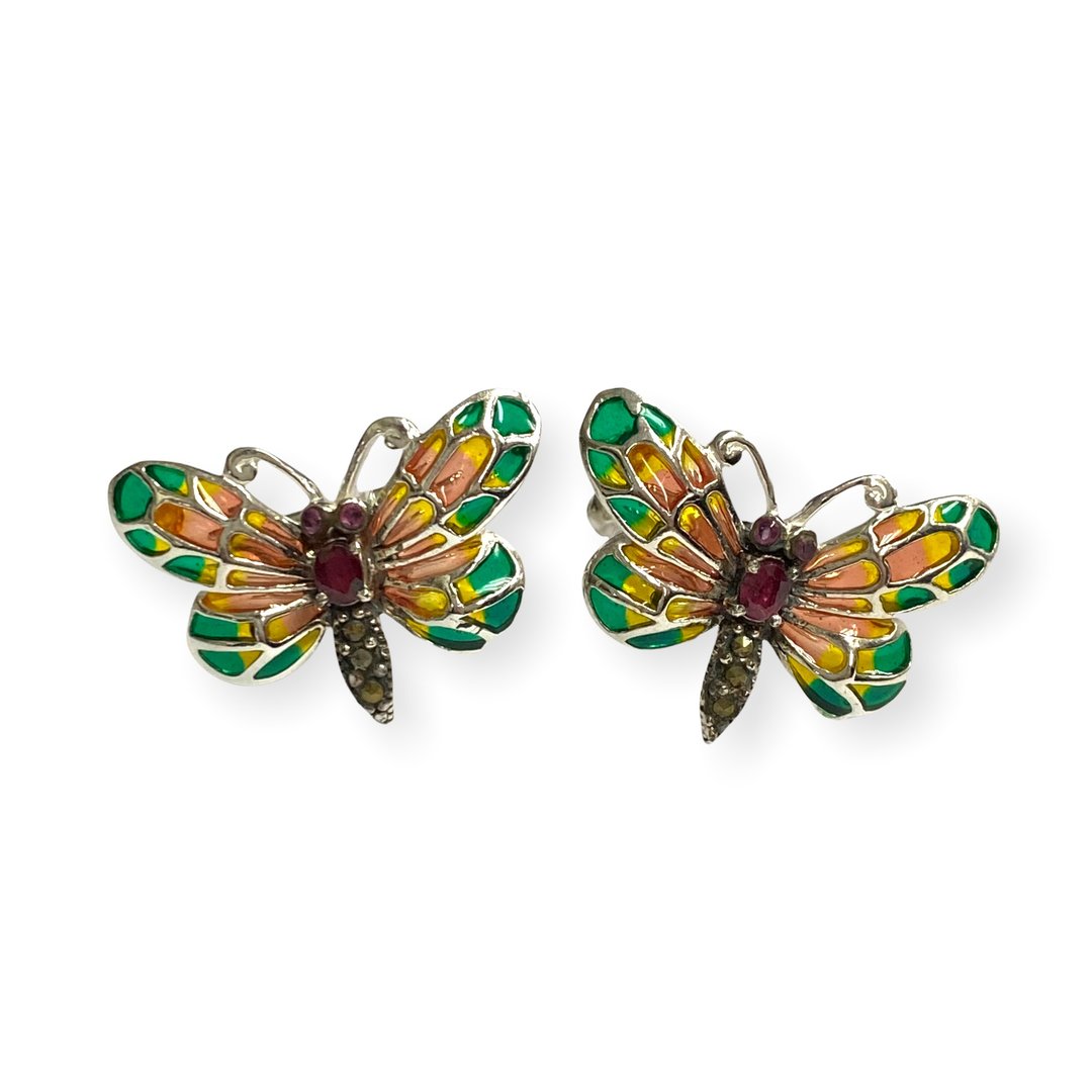 Art Nouveau Plique A Jour Butterfly with Ruby Cufflinks 925 Sterling Silver - 袖扣 - 纯银 
