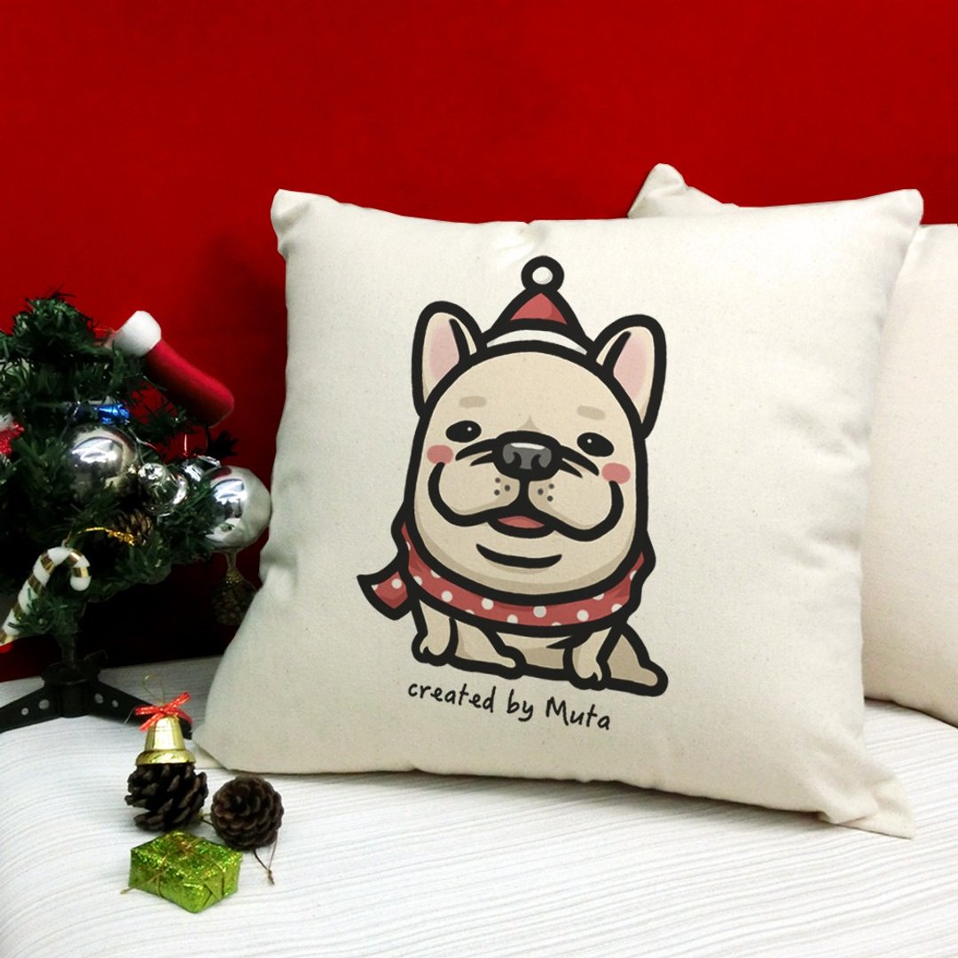 【圣诞礼物】XMAS法斗 纯棉双色帆布抱枕 - 枕头/抱枕 - 棉 