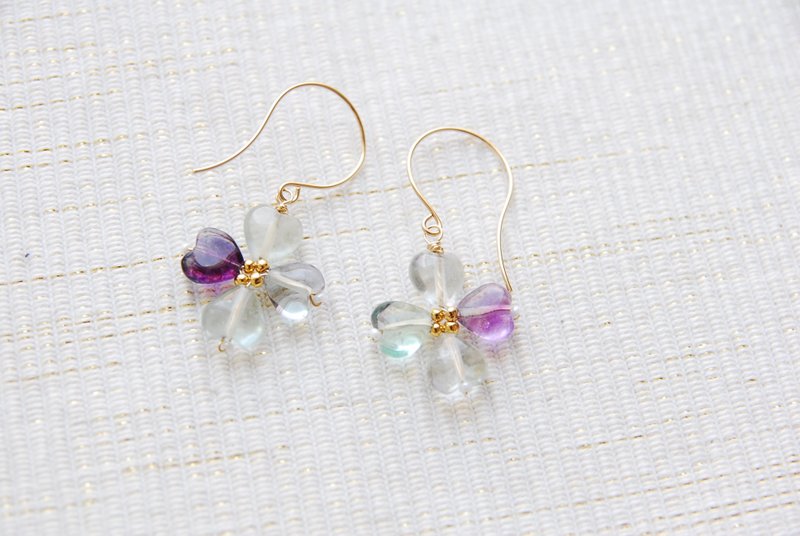 Fluorite flower earrings no.10 (14kgf) - 耳环/耳夹 - 宝石 紫色