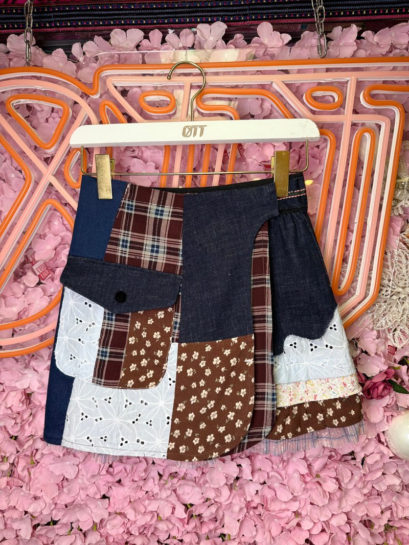 OTT独一无二•Unique日系蕾丝格仔刺绣拼接层次感牛仔裙 - 裙子 - 棉．麻 咖啡色