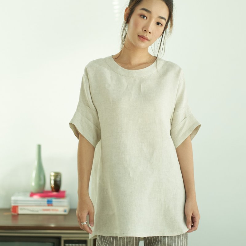Natural Linen Blouse with Decorative Sleeves -  Natural Color - 女装上衣 - 亚麻 白色