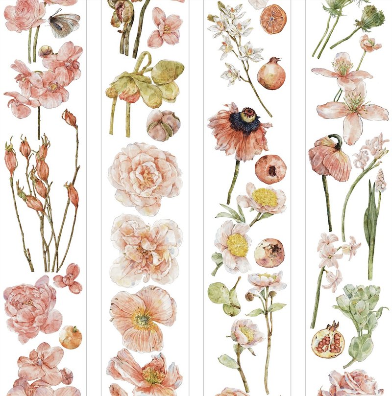 粉绛 植物圖鑒 復古粉色大花卉 PET 和紙膠帶 5米卷 - 纸胶带 - 其他材质 粉红色