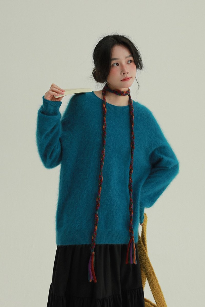 5顔色 油畫秋葉 無縫拉毛溫柔圓領毛衣 休閒寬鬆基礎款針織上衣 - 女装针织衫/毛衣 - 羊毛 蓝色