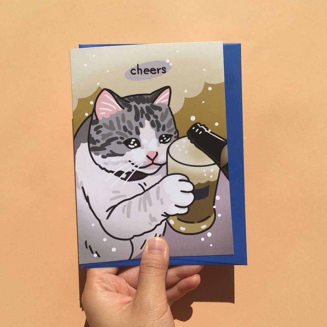猫咪啤酒梗图祝贺卡 Cheers Beer Sad Cat Meme Greeting Card - 卡片/明信片 - 纸 