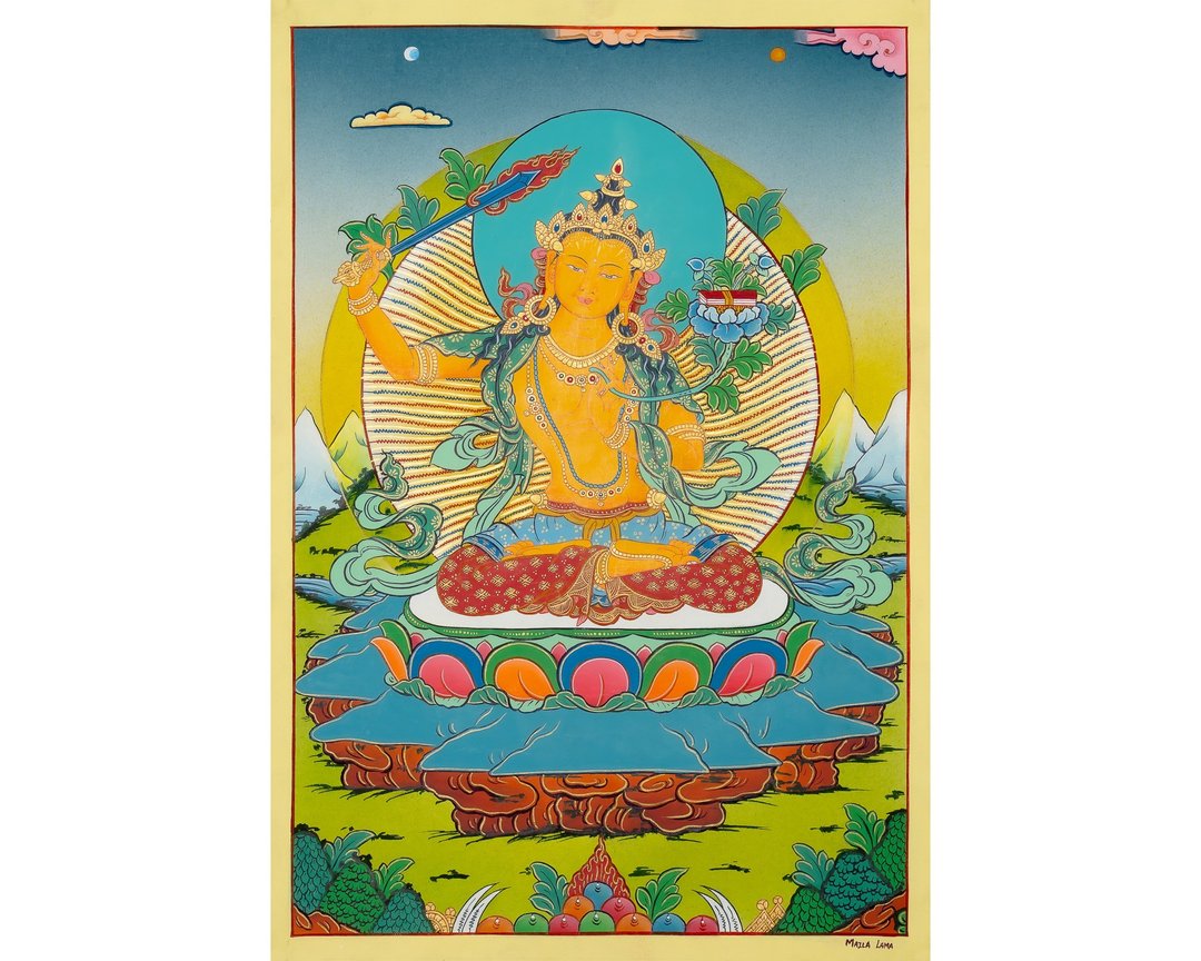 神圣文殊师利唐卡 – 手工制作的觉悟智慧与清晰思维象征 - 墙贴/壁贴 - 其他材质 多色
