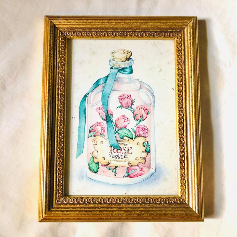 美国古董 手绘ROSE Bath Oil瓶身图像金色雕纹裱框挂画摆饰 - 海报/装饰画/版画 - 纸 粉红色