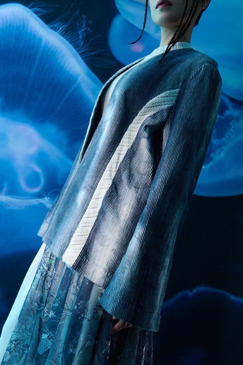 和风外套 - 深蓝&白 - 女装休闲/机能外套 - 棉．麻 蓝色