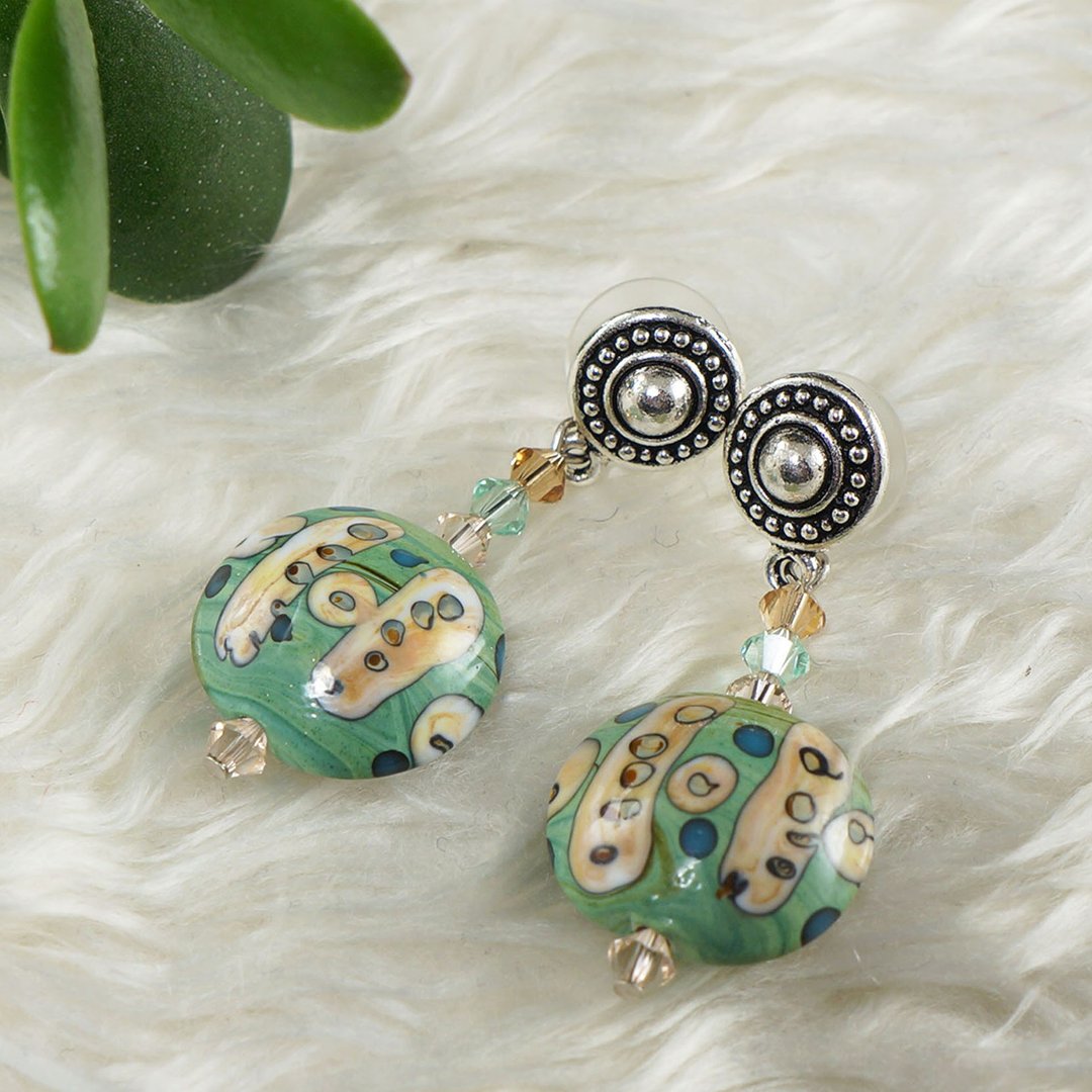 Mint Green Beige Lampwork Murano Glass Earrings Large Long Earrings Jewelry Gift - 耳环/耳夹 - 玻璃 绿色