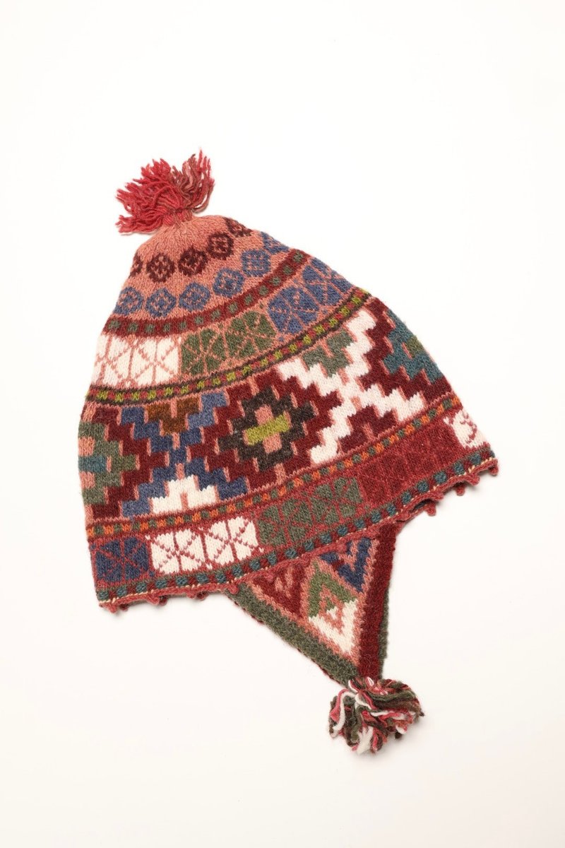 童/成人/南美洲秘鲁 100% 干燥玫瑰纯羊驼毛轻暖手工护耳帽民族图腾 - 帽子 - 羊毛 粉红色