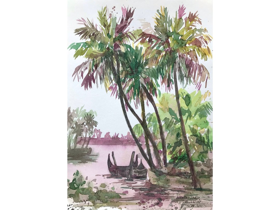 Kerala art original painting Alleppey watercolor Boat India Palm trees artwork b - 墙贴/壁贴 - 纸 绿色