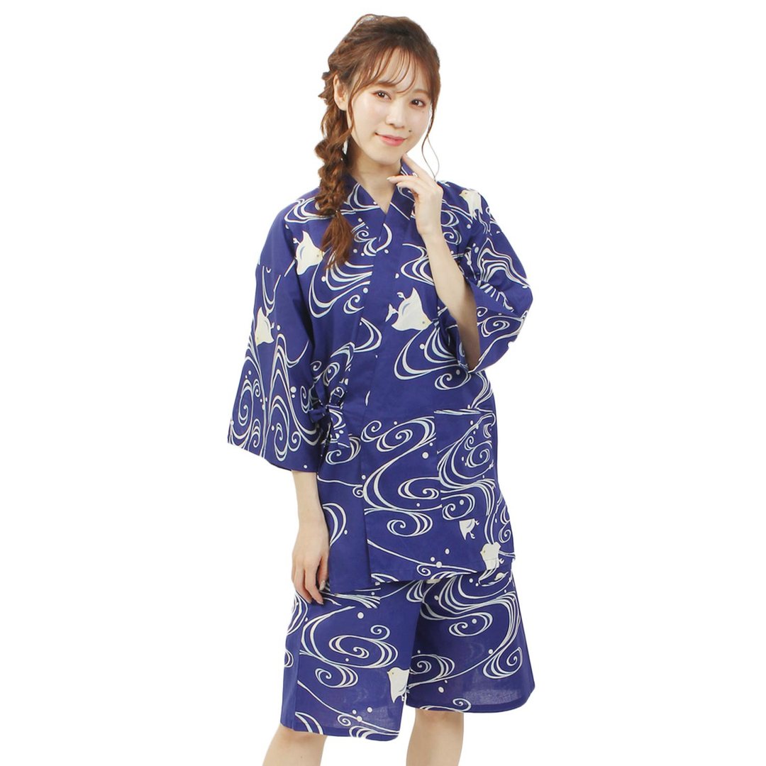 日本 和服 女用 甚平 休闲服 睡衣 成套组 绵 05 - 居家服/睡衣 - 棉．麻 蓝色