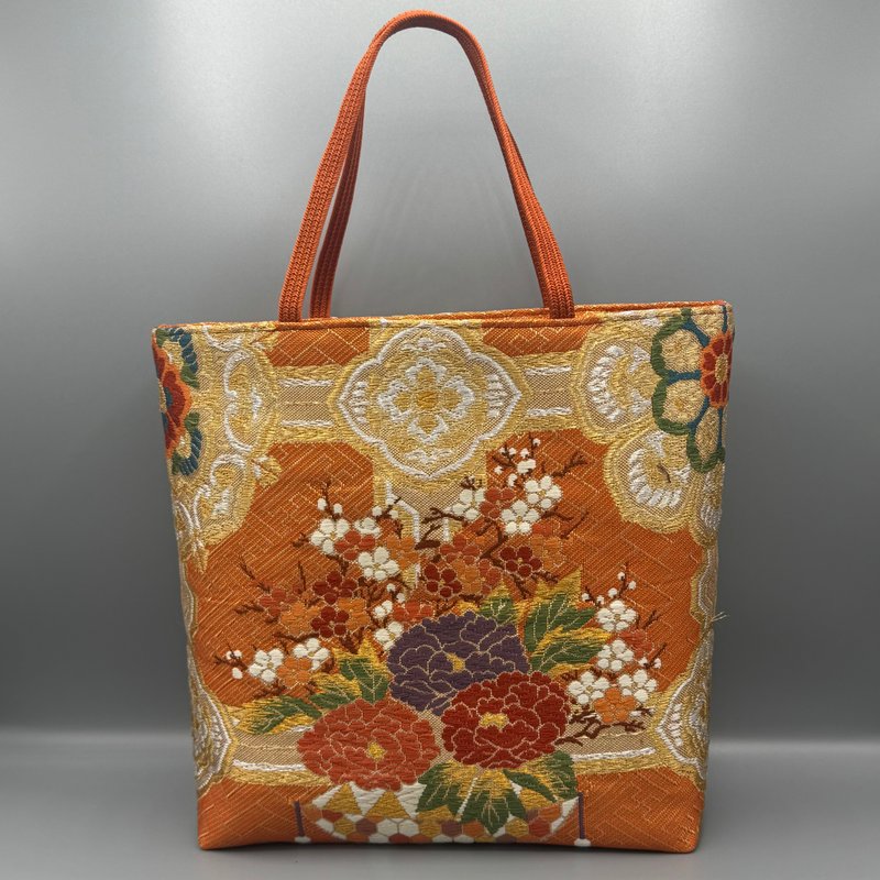 和服 腰带 腰带绳 手作 托特包 改造 橘色 佐贺锦 格天井花笼纹 - 手提包/手提袋 - 丝．绢 橘色